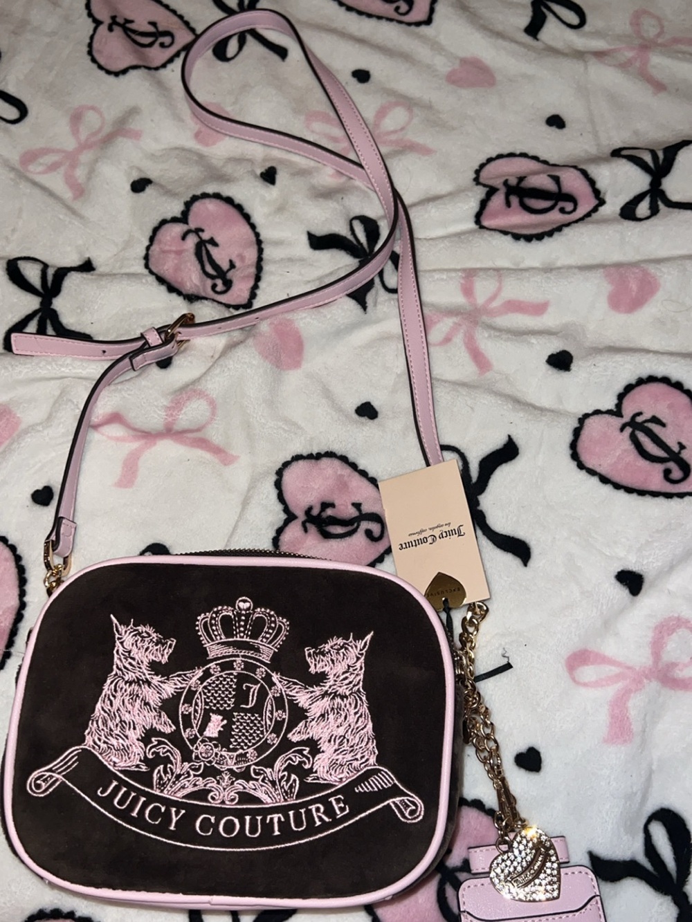 Juicy Couture Brown & Pink Embroidered Crossbody Bag